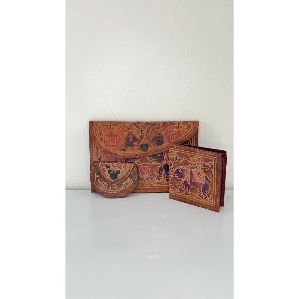 Vintage 3-Piece Leather Elephant Clutch Wallet Coin Hand Tooled India - Picture 11 of 12